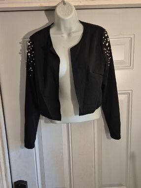 Women's Black Pearl-Embellished Cropped Jacket